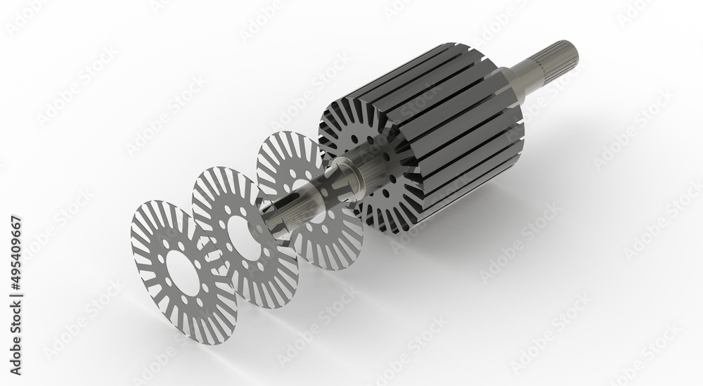 Rotor assembly for electric motor, exploded view, shaft and sheet metal stack on white