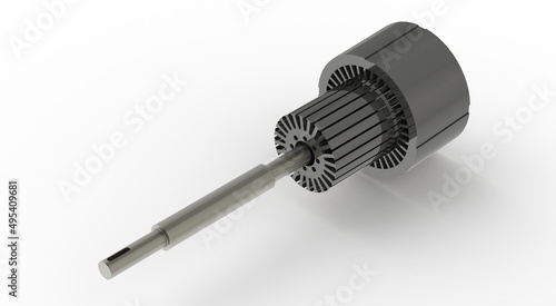 Stator and Rotor exploded view for electric motor,shaft and sheet metal packages, 3d rendering