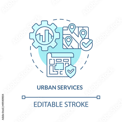 Urban services turquoise concept icon. Heritage reservation. Developmental activities abstract idea thin line illustration. Isolated outline drawing. Editable stroke. Arial, Myriad Pro-Bold fonts used