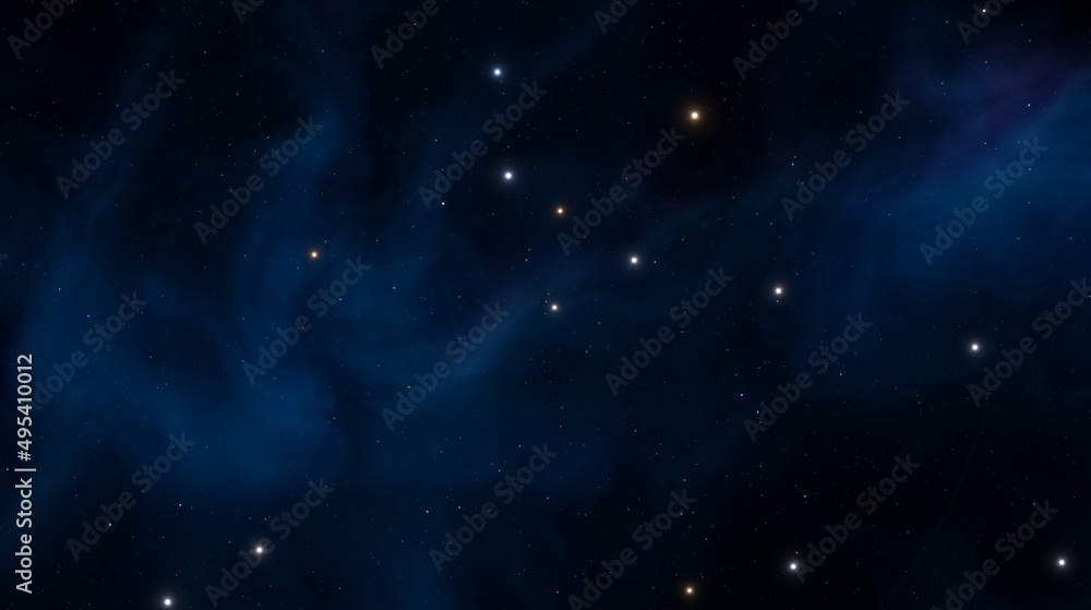 Fototapeta premium Blue cosmic nebula, clouds of dust and gas in space. Birth of new stars and galaxies. Boundless universe, stars in blue space. 3d render