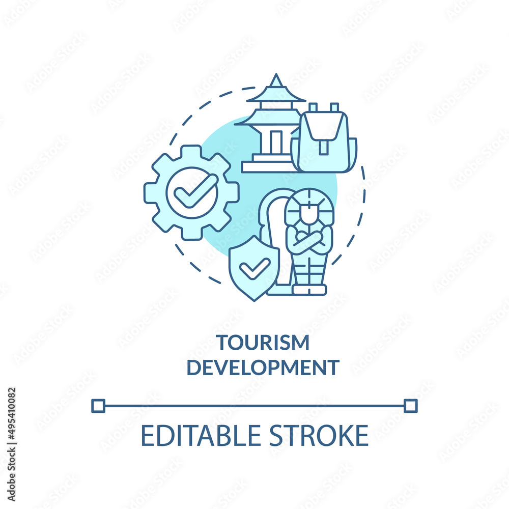 Tourism development turquoise concept icon. Local landmarks. Heritage preservation abstract idea thin line illustration. Isolated outline drawing. Editable stroke. Arial, Myriad Pro-Bold fonts used