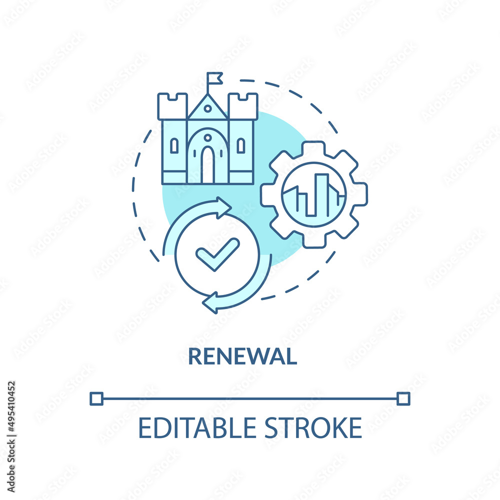 Renewal turquoise concept icon. City integration. Cultural heritage preservation type abstract idea thin line illustration. Isolated outline drawing. Editable stroke. Arial, Myriad Pro-Bold fonts used