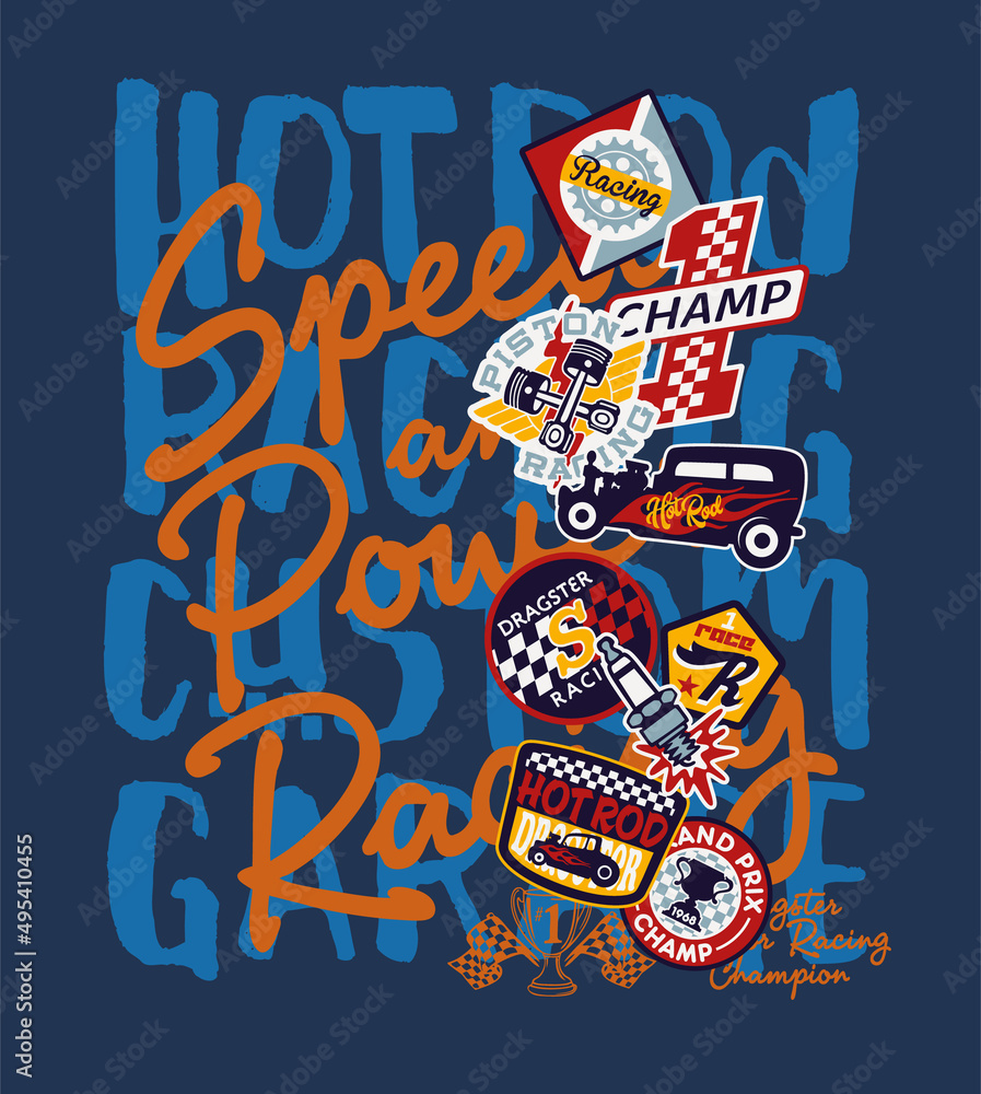 Fototapeta premium Cute Hot Rod dragster car racing team roadster motor vector print for children wear with embroidery applique badges