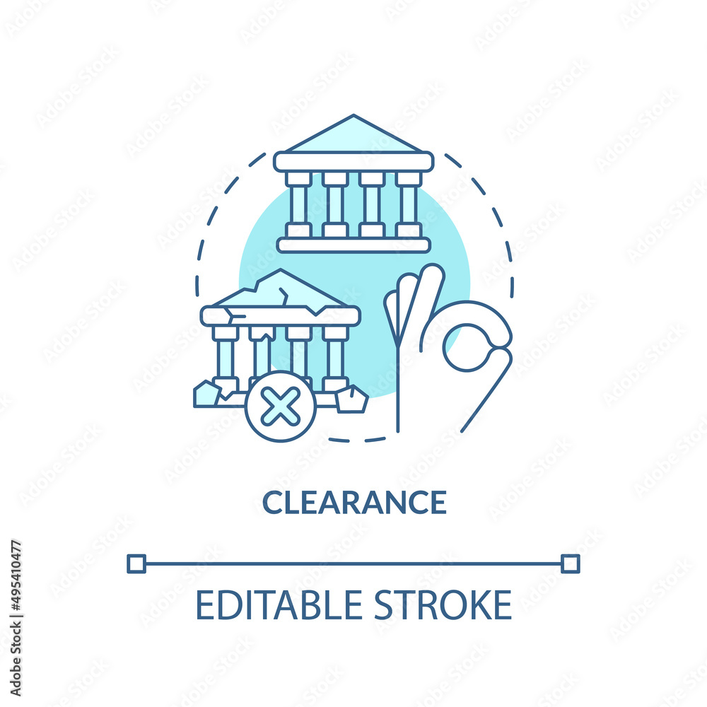 Clearance turquoise concept icon. Remove dereliction. Cultural heritage preservation abstract idea thin line illustration. Isolated outline drawing. Editable stroke. Arial, Myriad Pro-Bold fonts used