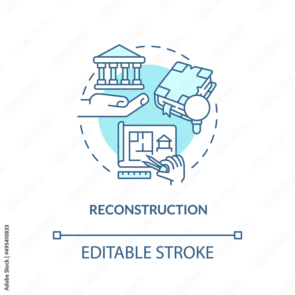 Reconstruction turquoise concept icon. Heritage objects preservation type abstract idea thin line illustration. Isolated outline drawing. Editable stroke. Arial, Myriad Pro-Bold fonts used