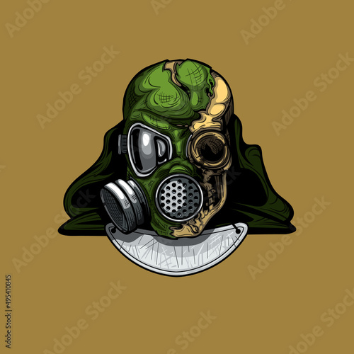 Illustration of a skull in a decomposing Bio mask. Hand-drawn style image for printing on T-shirts.