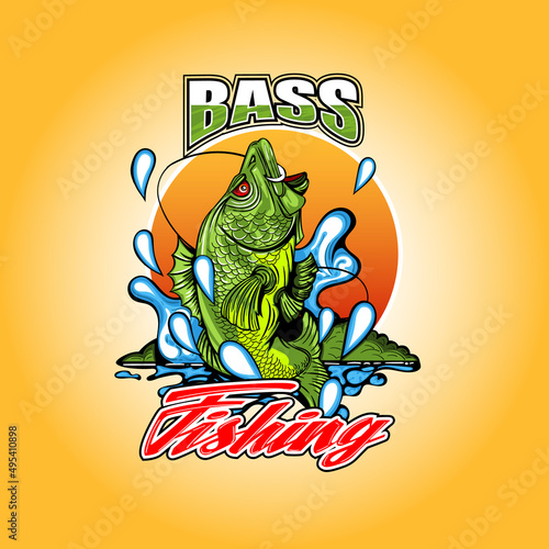 Illustration with Bass fishing. Hand-drawn style image for printing on T-shirts.