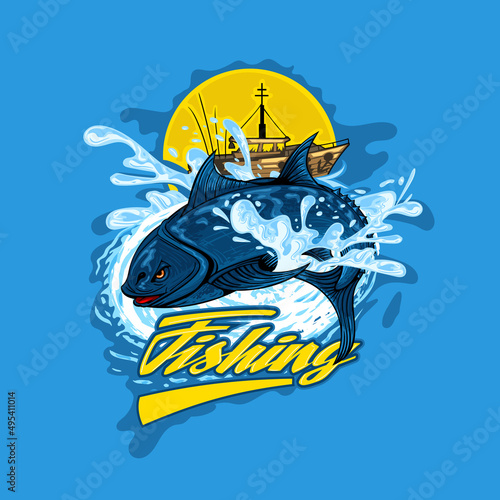 Illustration fishing boat catching tuna. Hand-drawn style image for printing on T-shirts.