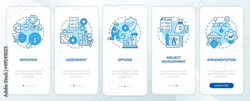 Heritage conservation process blue onboarding mobile app screen. Walkthrough 5 steps graphic instructions pages with linear concepts. UI, UX, GUI template. Myriad Pro-Bold, Regular fonts used