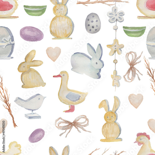 
Easter bunnies chicken eggs flowers and twigs watercolor illustration hand drawn  elements patern seamless postcard background
