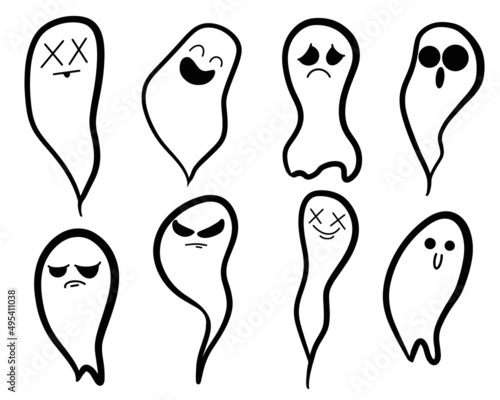 Ghosts doodle set. Set of cloth Ghosts. Flying Phantoms. Halloween scary ghostly monsters. Cute cartoon spooky characters.