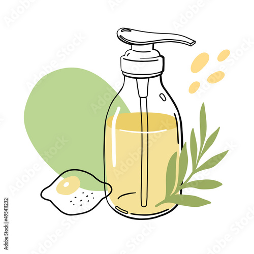 Lemon soap in glass pump bottle, modern style vector illustration. 