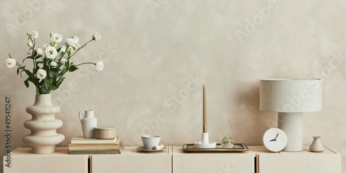 Wallpaper Mural Stylish composition of cozy living room interior design with copy space, commode and personal accessories. Modern style. Template. Torontodigital.ca