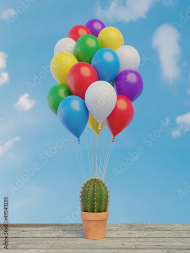 cactus with a bunch of colorful balloons 3D-illustration