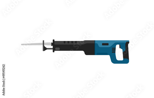 Blue electric sabre saw on a white background. The construction electric tool for the carpenter.