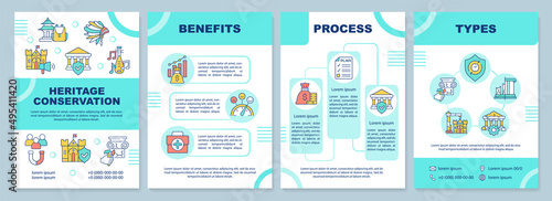 Heritage reservation strategy mint brochure template. Leaflet design with linear icons. 4 vector layouts for presentation, annual reports. Arial-Black, Myriad Pro-Regular fonts used