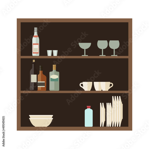 Wall shelves for kitchen utensils. Plates, cups, bottles stand on shelves in the kitchen.