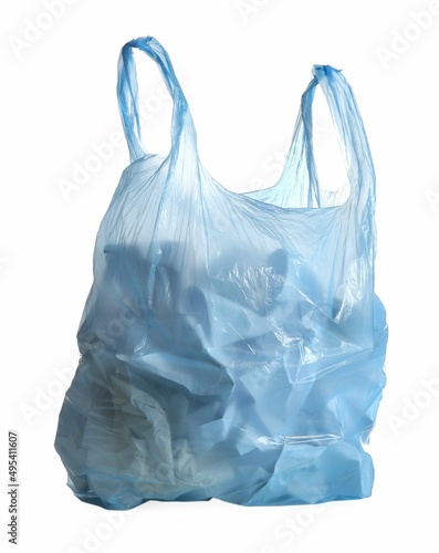 Blue trash bag full of garbage isolated on white