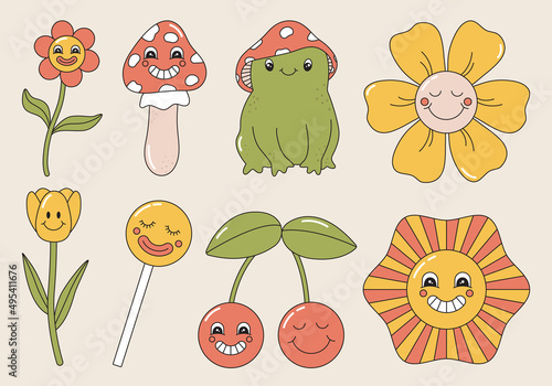 Vector set of cartoon cottagecore characters with face expressions. Retro groovy graphic flowers, mushroom, frog, sun, lollipop. Vintage stickers. Cute colorful illustration