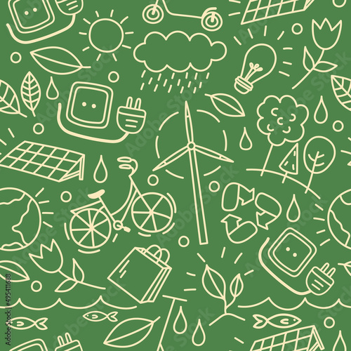 Seamless vector pattern with outline eco icons. Background with hand drawn zero waste and recycle elements. Save planet doodle silhouettes