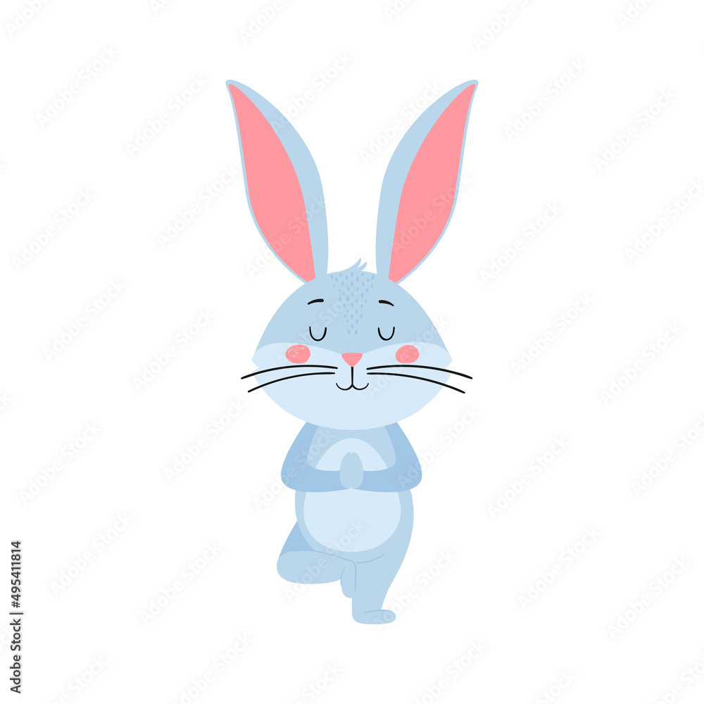 Cute cartoon rabbit or hare. Rabbit in the yoga tree pose. Printing on children's T-shirts, greeting cards, posters. Hand-drawn vector stock illustration isolated on white background Cute cartoon rabbit or hare. Rabbit in the yoga tree pose. Printing on children's T-shirts, greeting cards, posters. Hand-drawn vector stock illustration isolated on white background