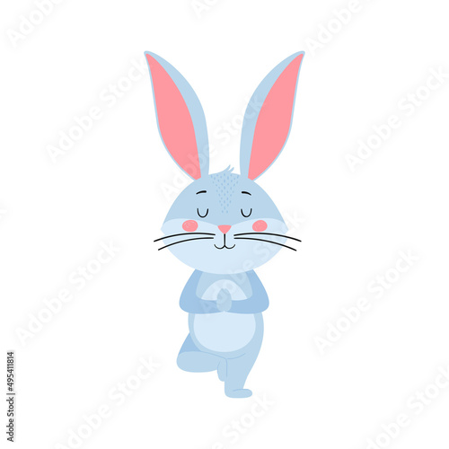 Cute cartoon rabbit or hare. Rabbit in the yoga tree pose. Printing on children's T-shirts, greeting cards, posters. Hand-drawn vector stock illustration isolated on white background