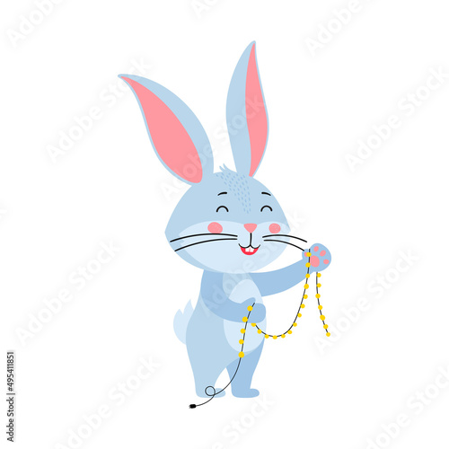 Cute cartoon rabbit or hare. Rabbit with Christmas garland in his hands. Symbol of the year 2023, year of rabbit according to lunar calendar. Vector illustration, hand-drawn, isolated on white