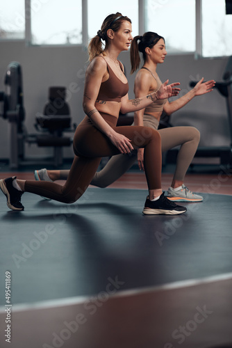 Pretty women working out in a gym. Adult ladies with beautiful shaped bodies.