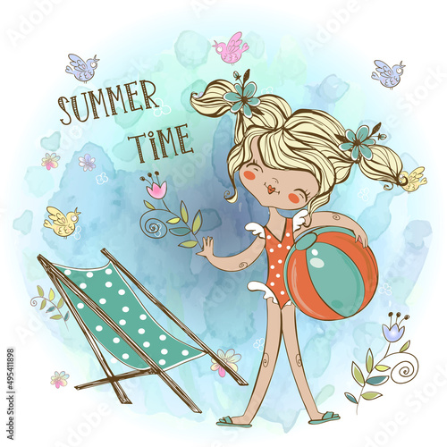 Cute girl in a swimsuit with a beach ball and a beach chaise longue .Vector.