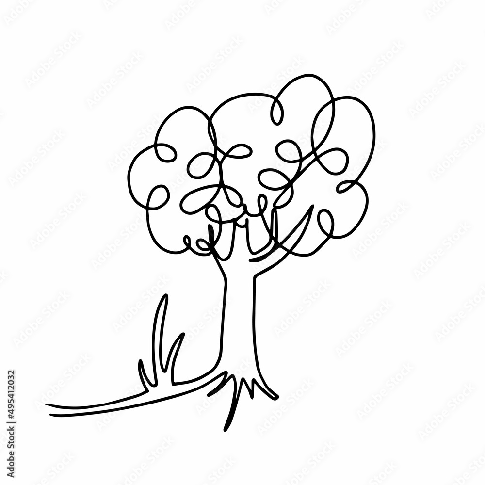 Tree in continuous one line style. Cute template in single line style for greeting cards. Contour line art design for t-shirt fashion print. Tree in continuous one line style. Cute template in single line style for greeting cards. Contour line art design for t-shirt fashion print.