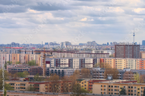 Panorama of Berlin Marzahn with TV tower and beautiful clouds