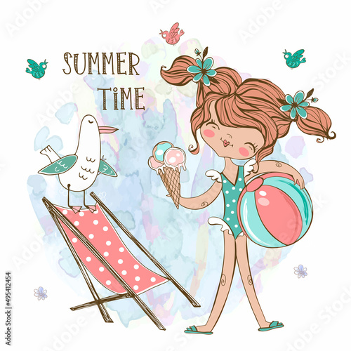 Cute girl in a swimsuit with a beach ball and a beach chaise longue . Summer time. Vector.