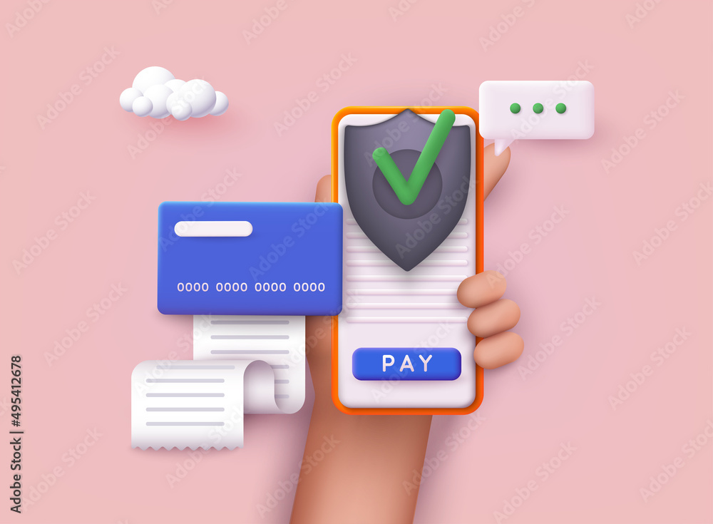 Mobile phone payment icon. Persons hand holding modern smartphone and putting online paying button on screen with secure sign. 3D Web Vector Illustrations. Mobile phone payment icon. Persons hand holding modern smartphone and putting online paying button on screen with secure sign. 3D Web Vector Illustrations.