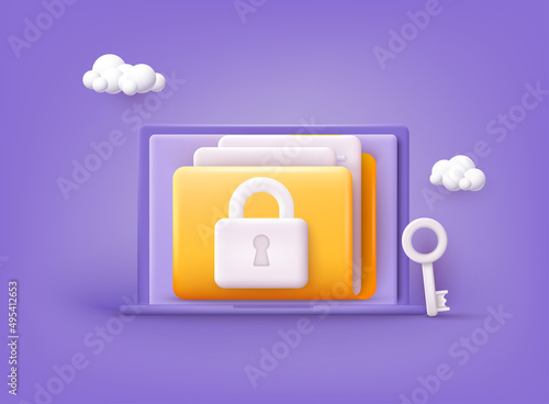 Yellow folder with files. Personal data security concept. Secure information transfer background. 3D Vector Illustrations.