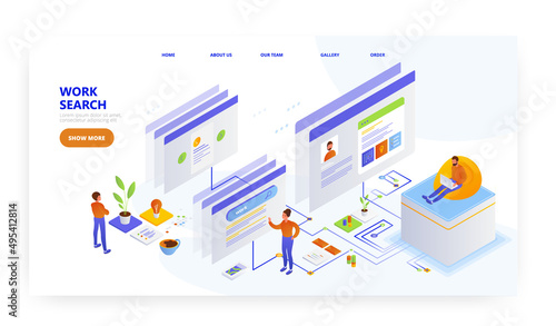 Work search, landing page design, website banner vector template. Job search, employment, vacancy.
