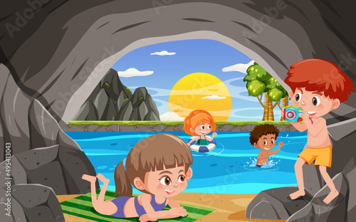 Summer holiday with children at sea cave