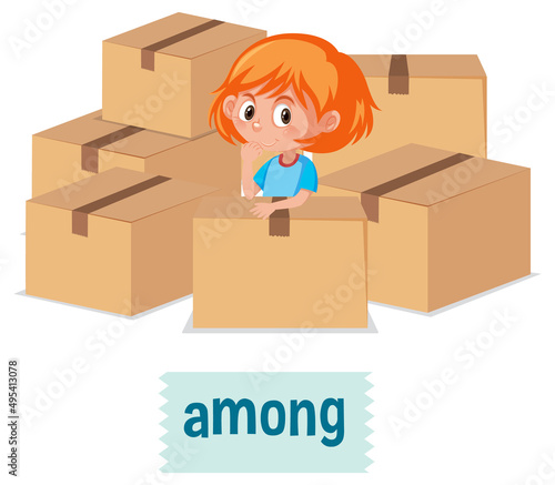 Preposition of place with cartoon girl and a box