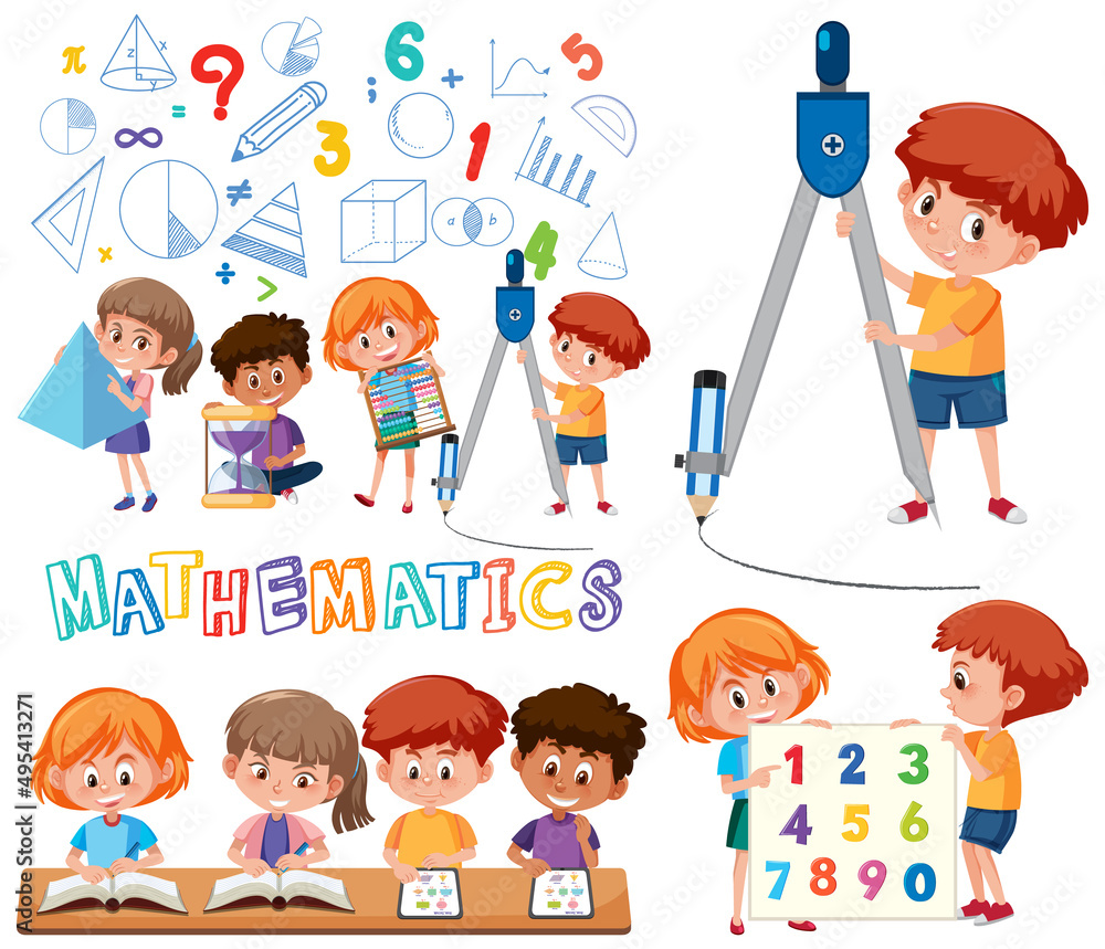 Math classroom objects with supplies and students Math classroom objects with supplies and students