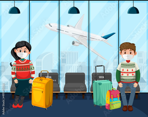 In airport terminal scene with passengers wearing mask