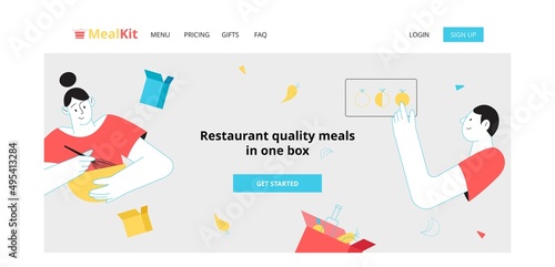 Landing page layout, delivery of meal kits and food delivery concepts. People cooking dinner and ordering food. Vector illustration in flat and outline style