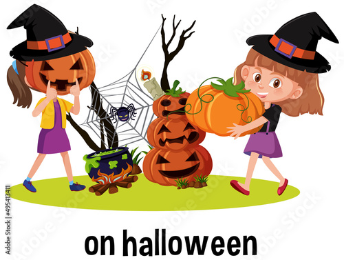 English prepositions of time with halloween scene © brgfx
