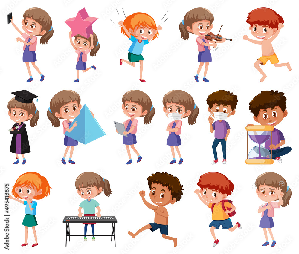 Set of children doing different activities on white background Set of children doing different activities on white background