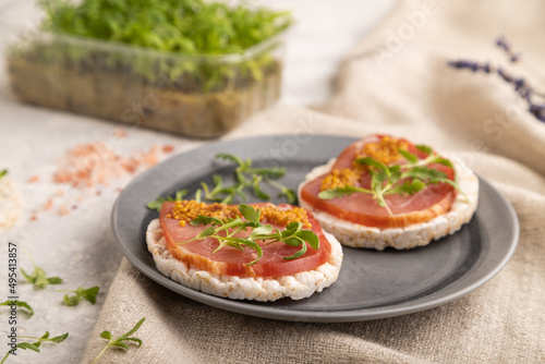 Puffed rice cake sandwiches with jerky salted meat, microgreen on gray concrete, side view, selective focus.