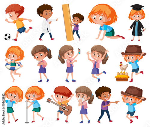 Set of children doing different activities on white background