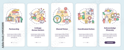 ILAP principles onboarding mobile app screen. Social planning walkthrough 5 steps graphic instructions pages with linear concepts. UI, UX, GUI template. Myriad Pro-Bold, Regular fonts used