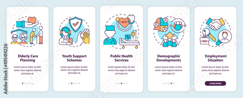 Social planning examples onboarding mobile app screen. Walkthrough 5 steps graphic instructions pages with linear concepts. UI, UX, GUI template. Myriad Pro-Bold, Regular fonts used