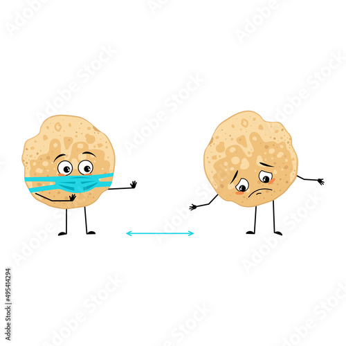 Pancake character with sad emotions, face and mask keep distance, arms and legs. Baking person, homemade pastry with care expression. Food emoticon for carnival or Maslenitsa