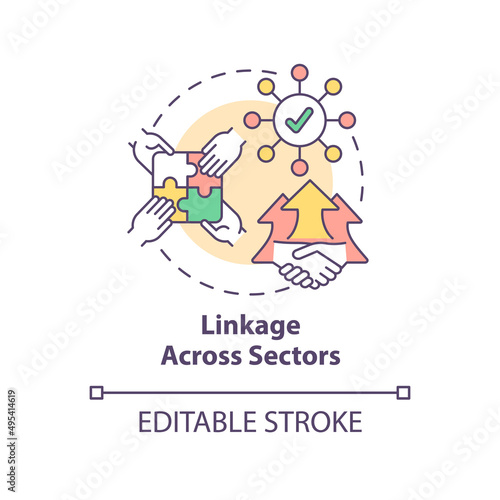 Linkage across sectors concept icon. Holistic approach. ILAP principle abstract idea thin line illustration. Isolated outline drawing. Editable stroke. Arial, Myriad Pro-Bold fonts used