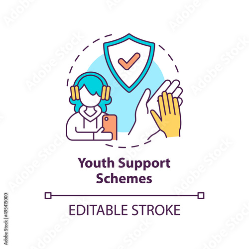 Youth support schemes concept icon. Teens assistance. Social planning example abstract idea thin line illustration. Isolated outline drawing. Editable stroke. Arial, Myriad Pro-Bold fonts used