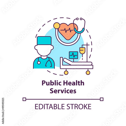 Fototapeta Naklejka Na Ścianę i Meble -  Public health services concept icon. Healthcare organization. Social planning example abstract idea thin line illustration. Isolated outline drawing. Editable stroke. Arial, Myriad Pro-Bold fonts used
